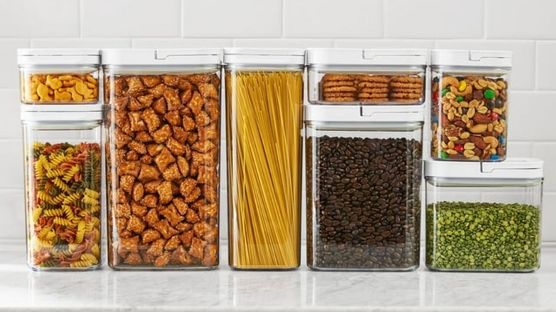 Member's Mark 8-Piece Fliplock Pantry Storage stacked on marble counter