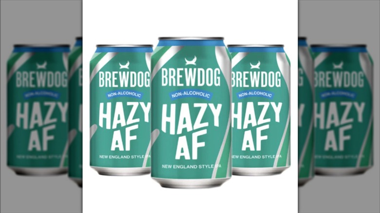 Three cans of BrewDog Hazy AF on a white background