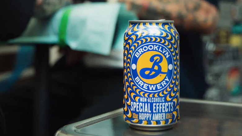 Blue and yellow can of Brooklyn Brewery Special Effects Hoppy Amber on a table