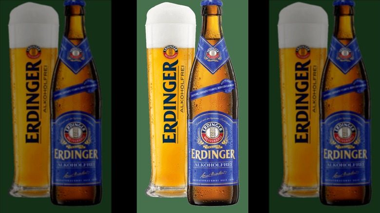 Erdinger Weissbier Alkoholfrei in a bottle and a glass, mirrored