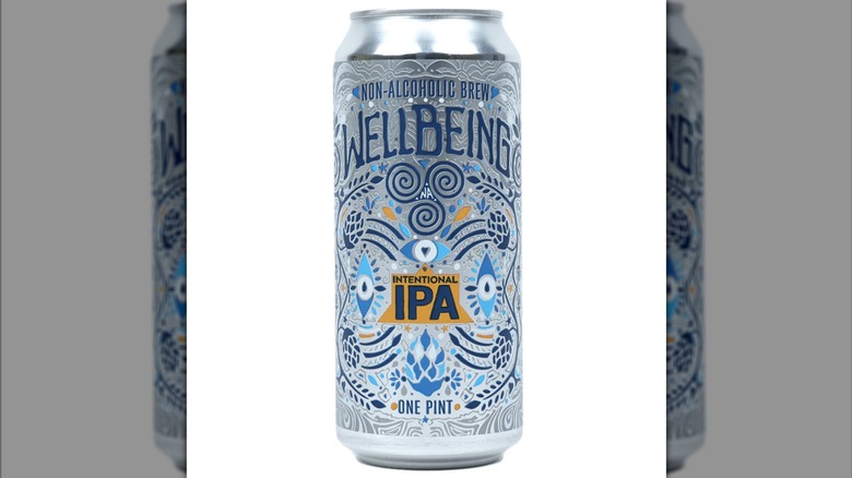 Silver can of WellBeing Brewing Intentional IPA on a white background