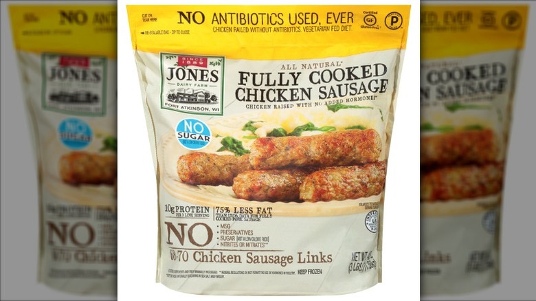 A package of Jones Dairy Farm Chicken Sausage Links on a white background.