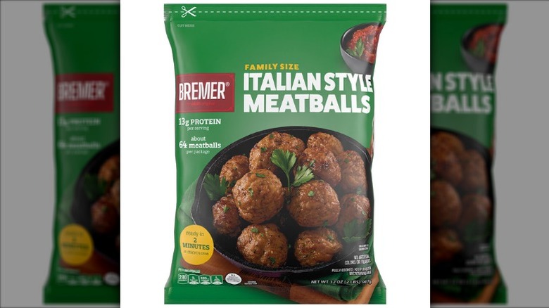 A bag of Bremer Family Size Italian Style Meatballs on a white background.