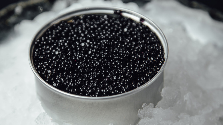 A silver tin of black caviar