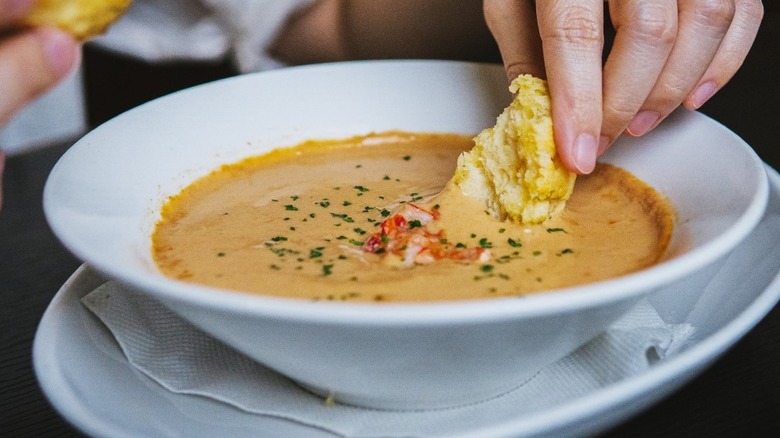 A bowl of lobster bisque soup from Red Lobster