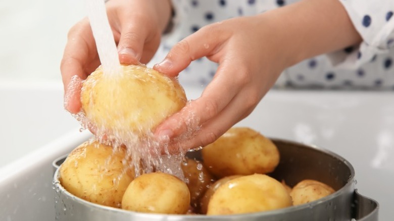 hands washing potatoes in sink