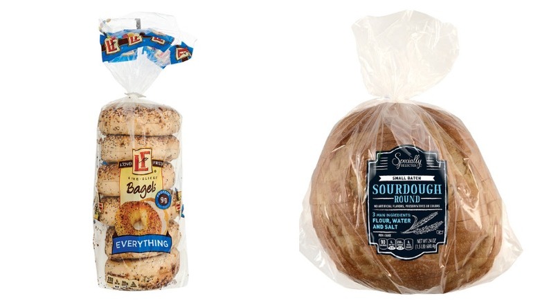 Bag of L'Oven Fresh Everything Bagels and round loaf of Specially Selected Sourdough