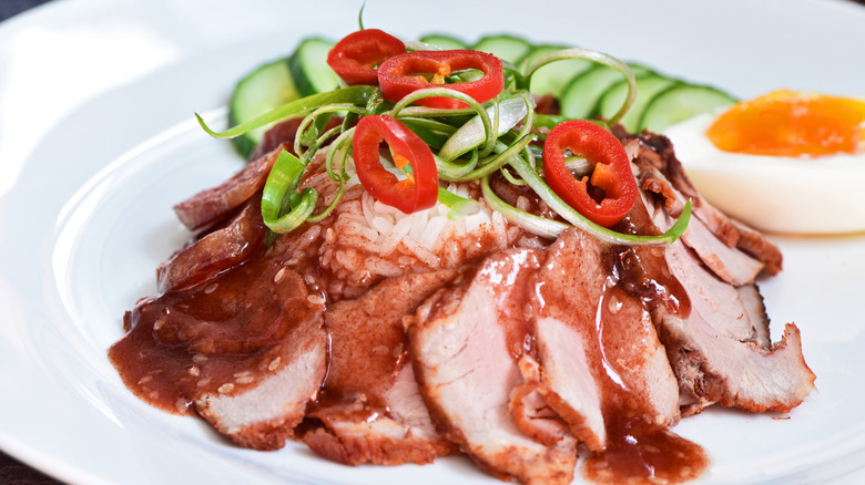 Thai rice with roasted red pork and chilis