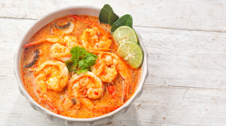 A bowl of Tom yum goong, a hot and sour Thai soup with shrimp