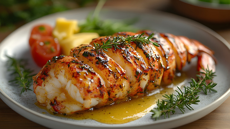 A lobster tail in butter sauce on a white plate with fresh sprigs of rosemary
