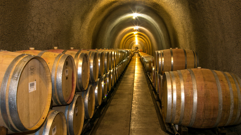 wine cave with wooden barrels