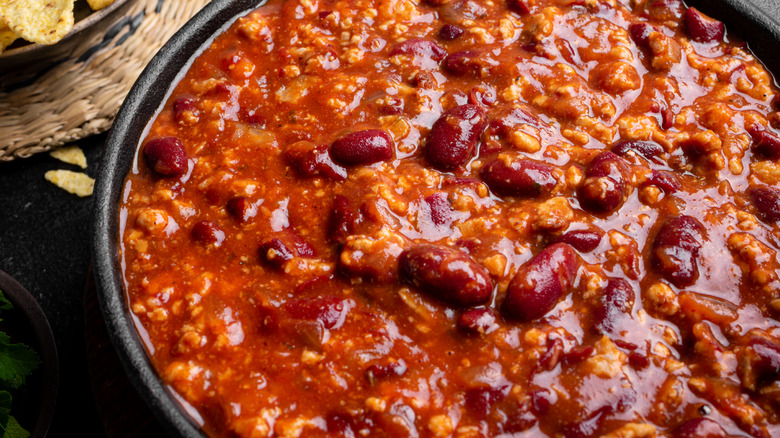A pot of chili con carne with beans