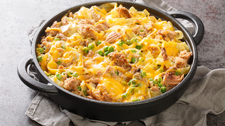 Tuna noodle casserole in a skillet