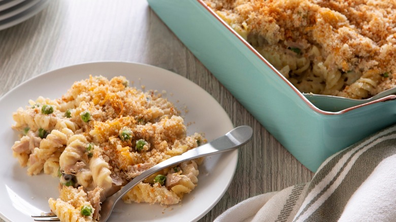 Tuna noodle casserole topped with bread crumbs
