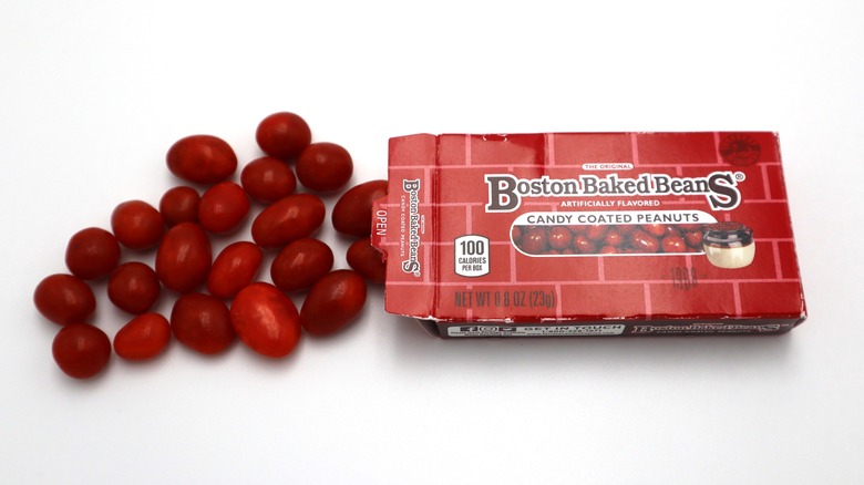 some Boston Baked Beans candy spilling out of its box