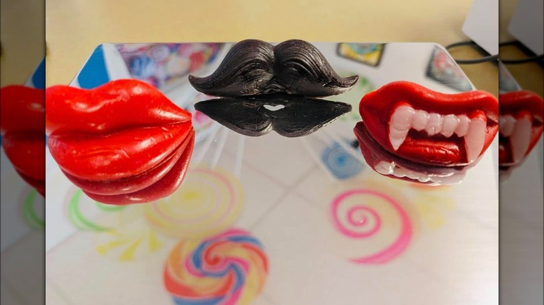 Wax lips, mustache, and fangs