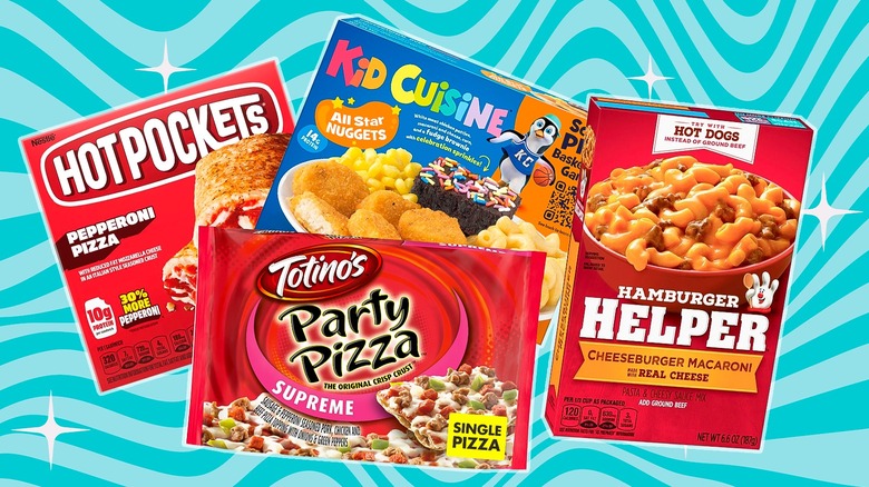 hot pockets, totino´s party pizza, hamburger helper, and kid cuisine boxes on squiggly background
