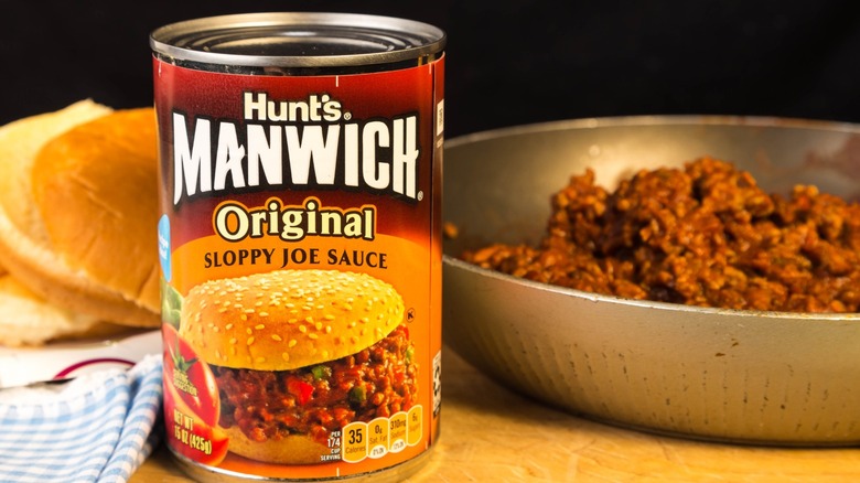 Manwich sauce can in front of ingredients for Sloppy Joes