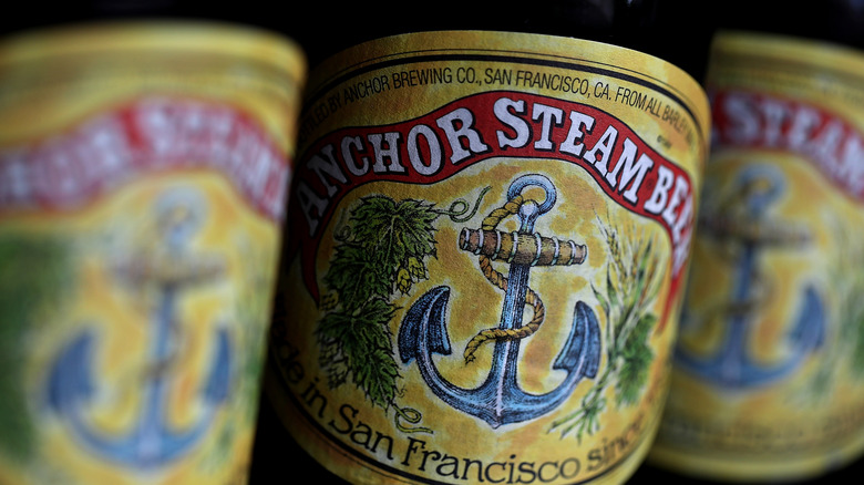 Close up of bottles of Anchor Steam beer