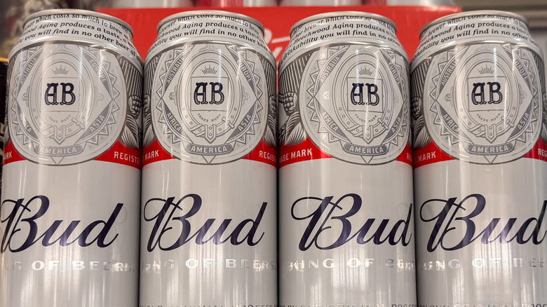 Cans of Budweiser in a row on display