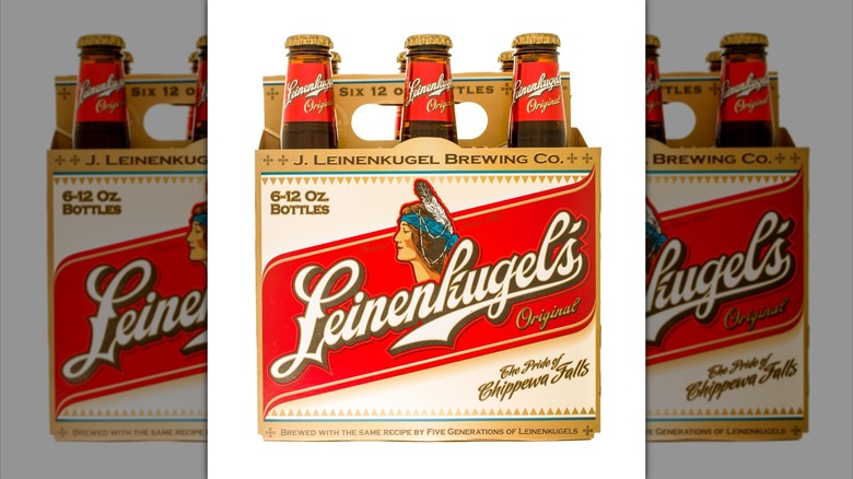 Six-pack of Leinenkugel on a white background, mirrored