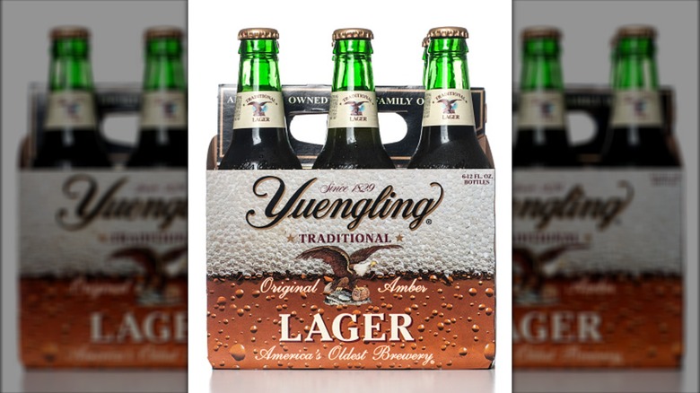Six-pack of Yuengling on a white background, mirrored