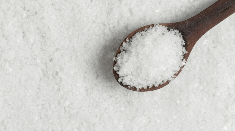 Salt crystals and a wooden spoon