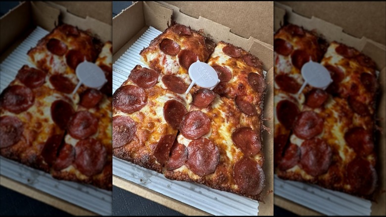 A square pepperoni pizza from Jet's Pizza