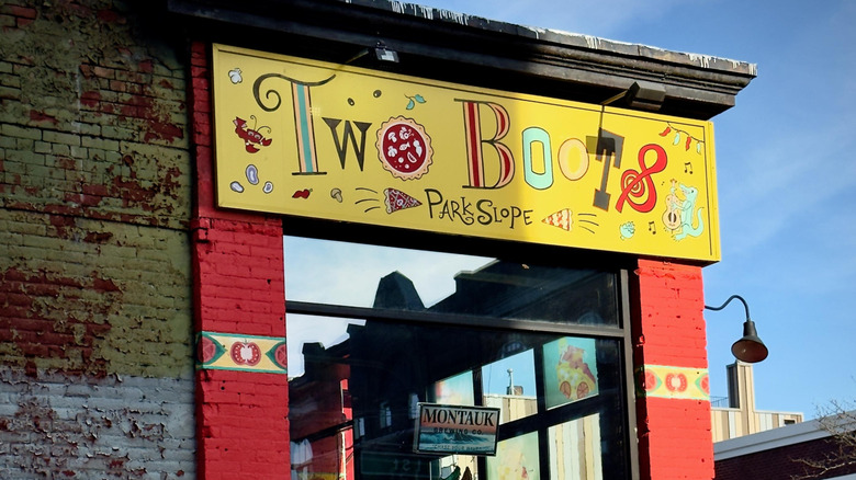 Exterior of Two Boots pizza in Park Slope, Brooklyn