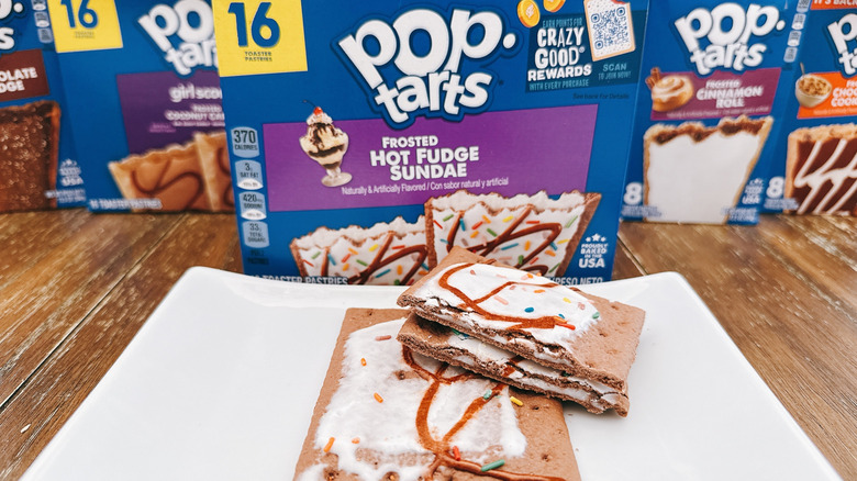 Hot Fudge Sundae Pop-Tart cut on a plate with package in background