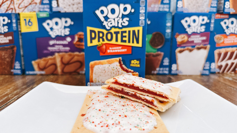 Pop-Tarts Slammin' Strawberry cut on a plate with package in background