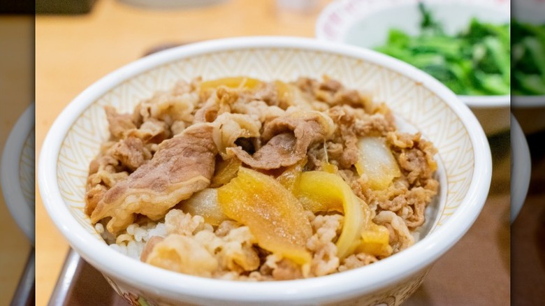 Japanese beef bowl or gyudon set meal from Sukiya, a Japanese chain restaurant