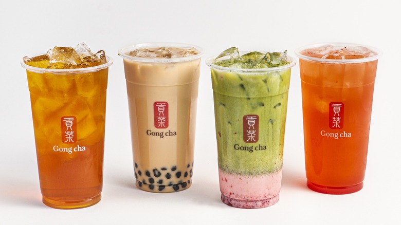 four colorful Gong cha drinks