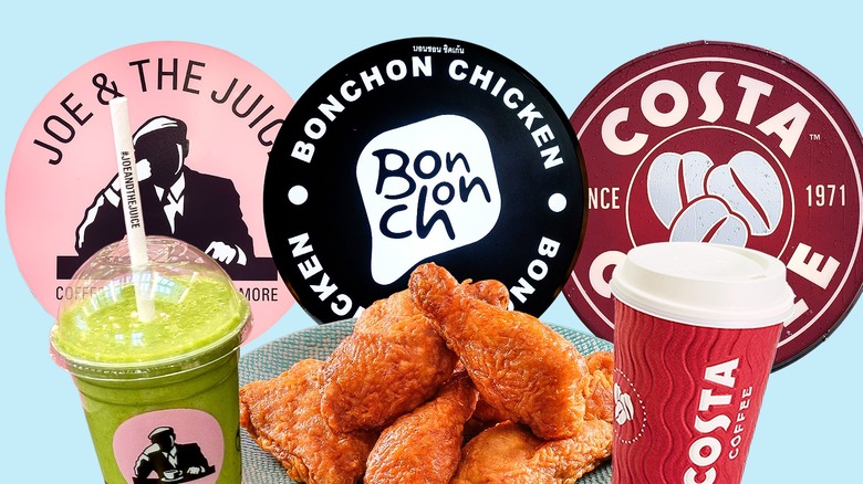Composite image of logos and products for Joe & The Juice, Bonchon Chicken, and Costa Coffee