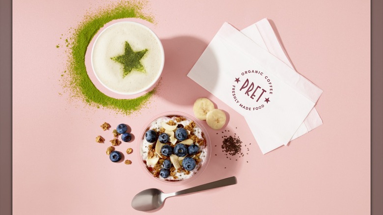 overhead view of a Pret A Manger drink, yogurt, and napkins