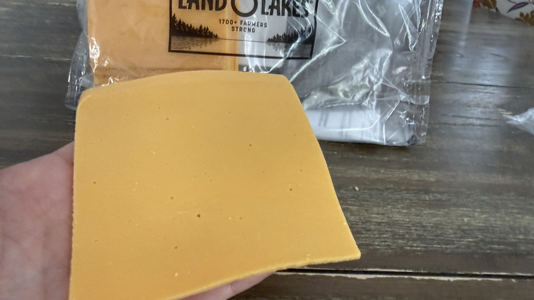 Hand holding a slice of Land O Lakes Yellow American cheese