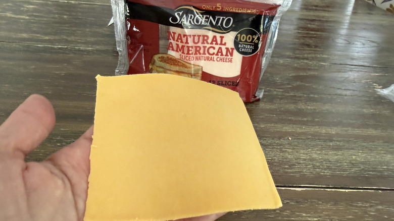 Hand holding a slice of Sargento Natural American Cheese