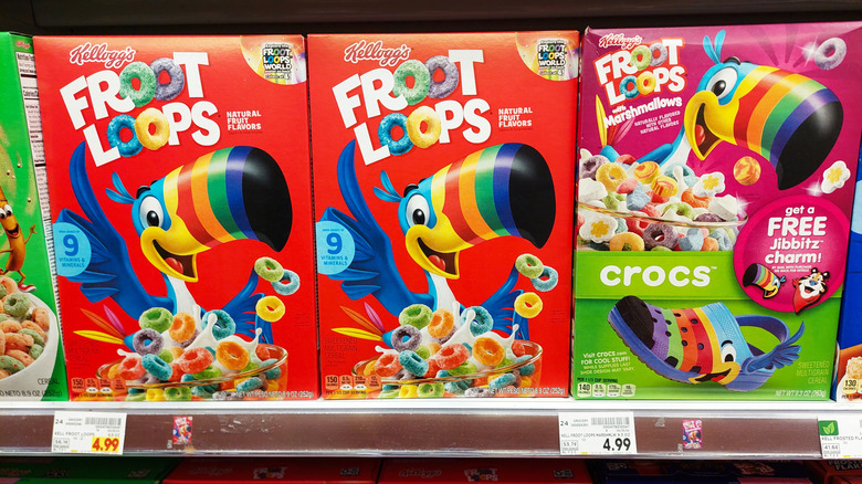 Froot Loops cereal displayed on a shelf in a supermarket