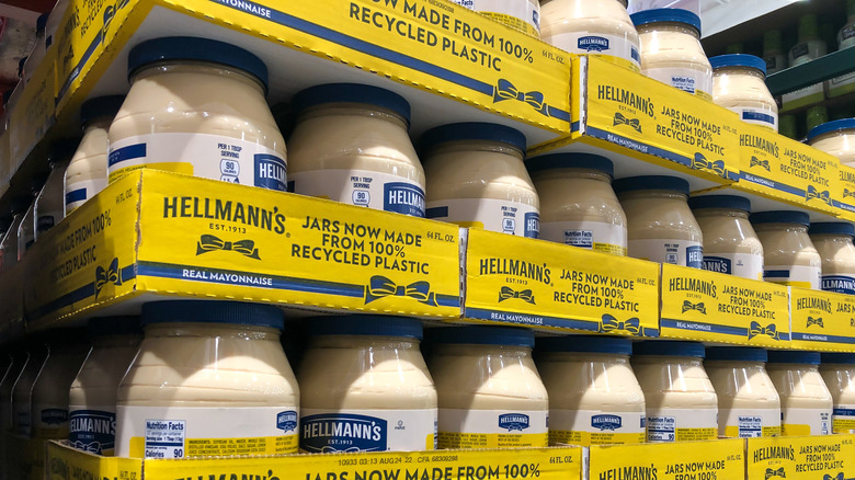 Packs of jars of Hellmann's mayonnaise, stacked
