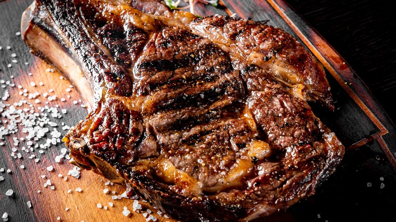 heavily salted grilled ribeye steak