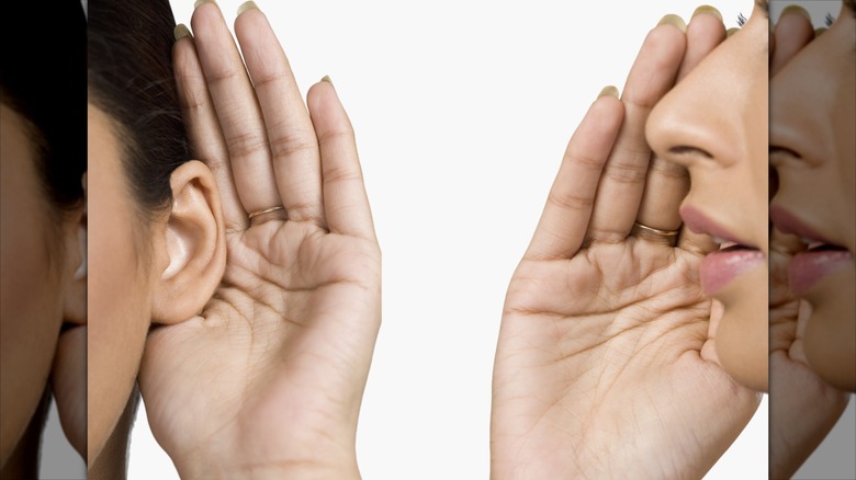woman whispering to another woman who cannot hear her