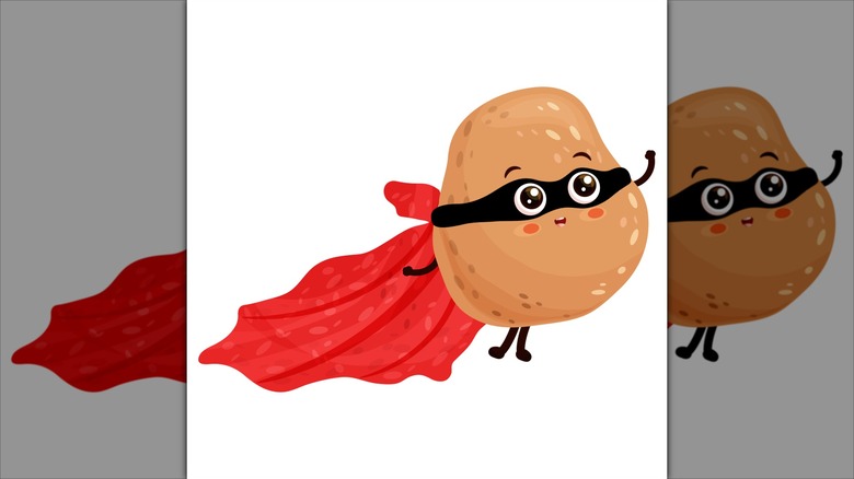 Cartoon character super hero potato red cape flying and waving hand, excited smiling expression, flat vector illustration isolated on white background.