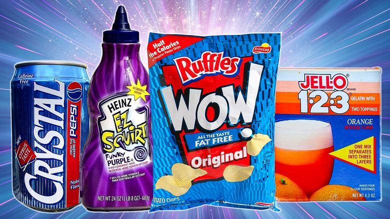 Can of Pepsi, purple ketchup, bag of chips and a box of Jell-O