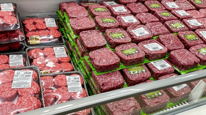 Cooler case of ground beef products in a Sam's Club Wholesale store