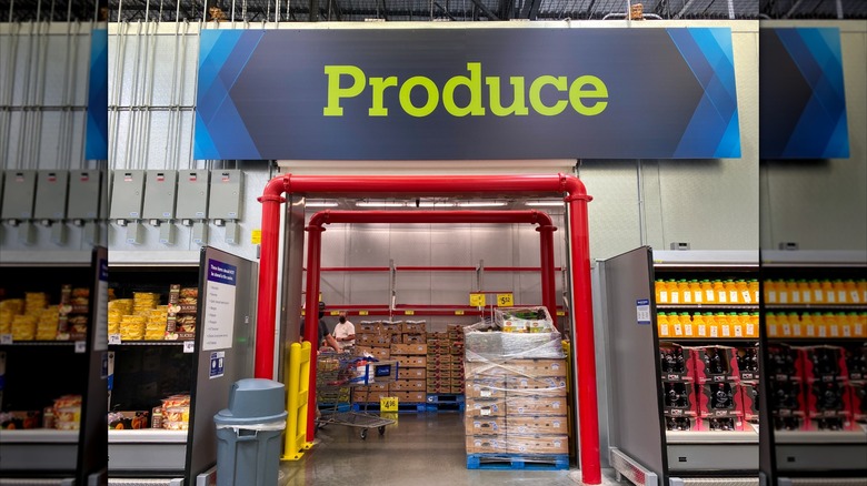 Orlando, FL/USA-8/6/20: The Produce sign above the refrigerated Produce room at a Sam's Club warehouse store in Orlando, Florida.