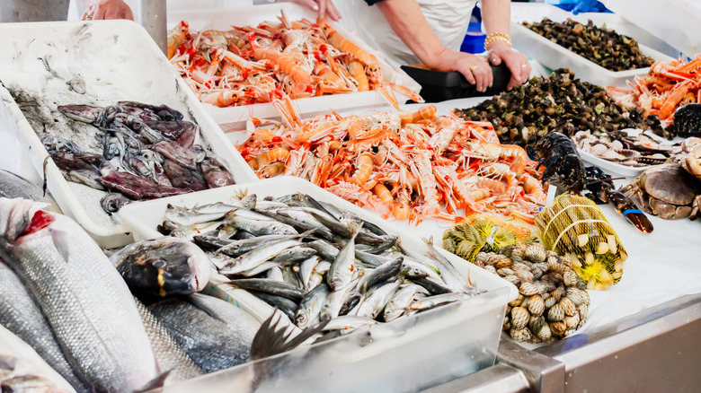 A fishmonger's display full of fish.