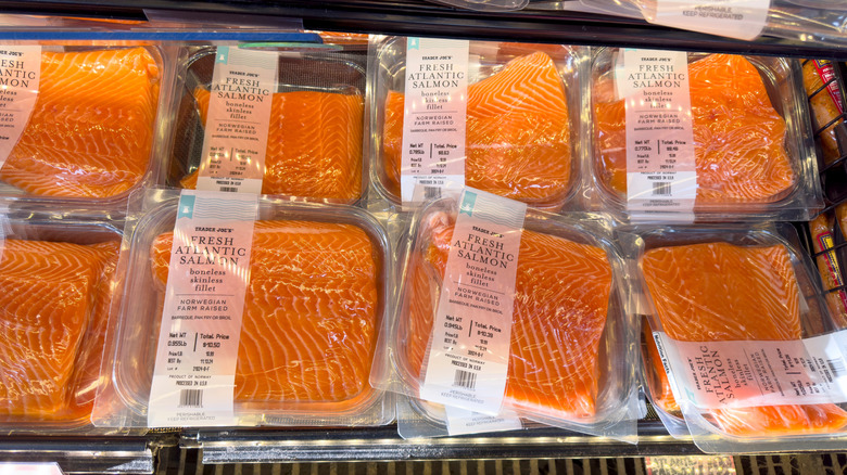 Fresh Atlantic salmon filets on display at Trader Joe's