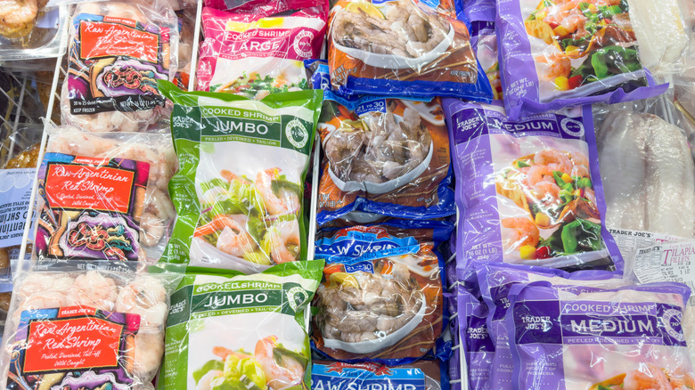 Various packages of Trader Joe's frozen shrimp
