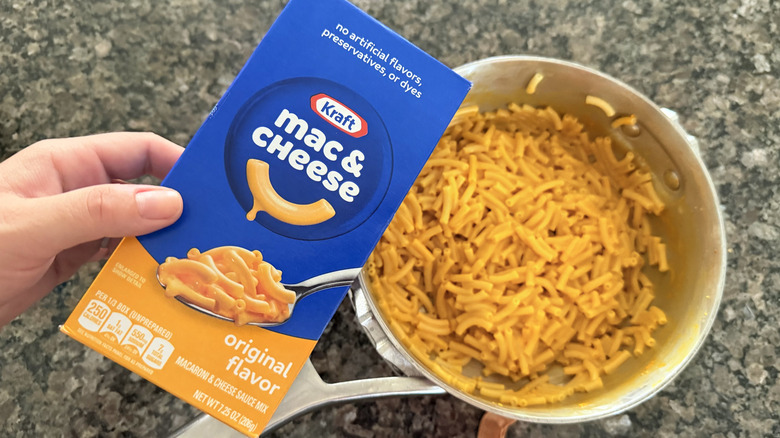 Box of Kraft noodles in a pot