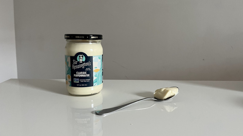 A jar of Sir Kensington's mayonnaise on a white table